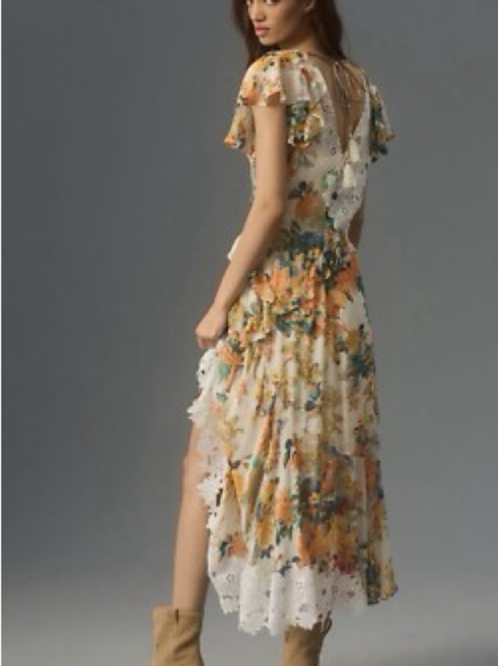 High-Low Floral Ruffle Dress in Cream and Orange